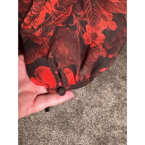 H&M Size 10 Floral Print Tiered‎ Mini Dress Long Sleeve Sheer Red Black Swing - Picture 4 of 11